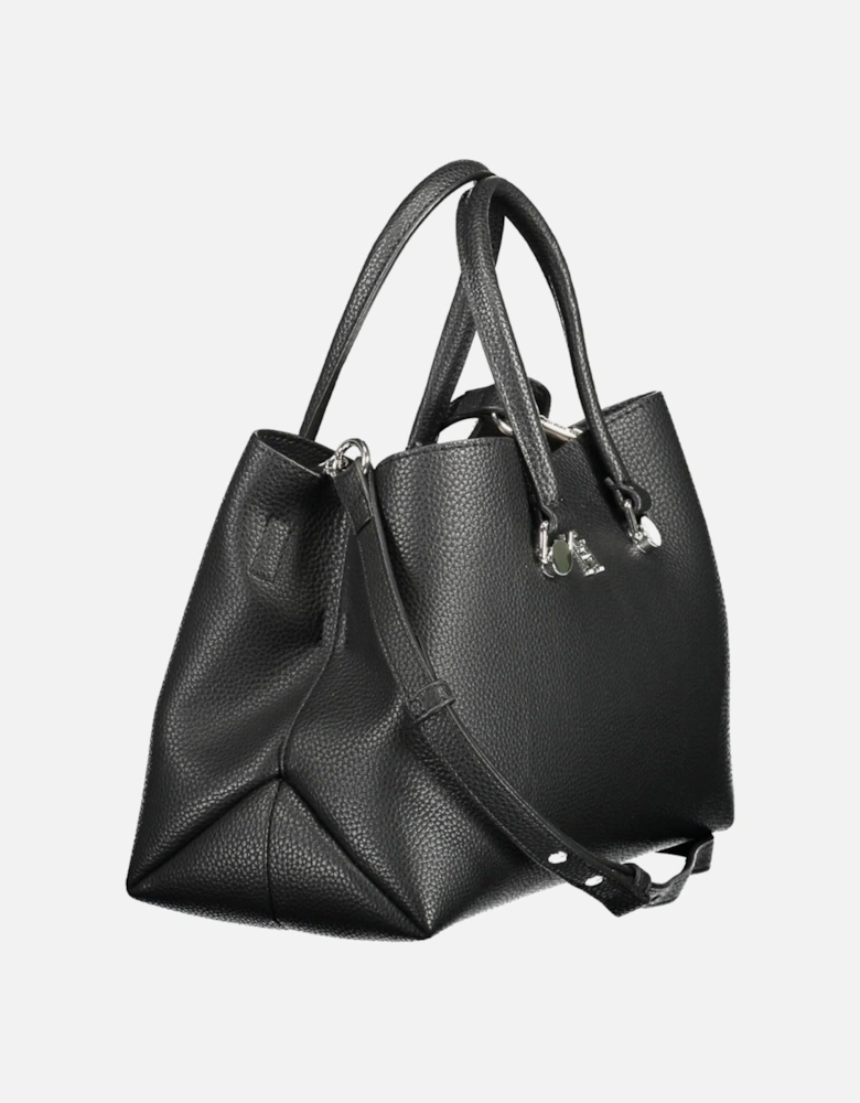 Sleek Black Handbag with Multiple Compartments and Adjustable Strap