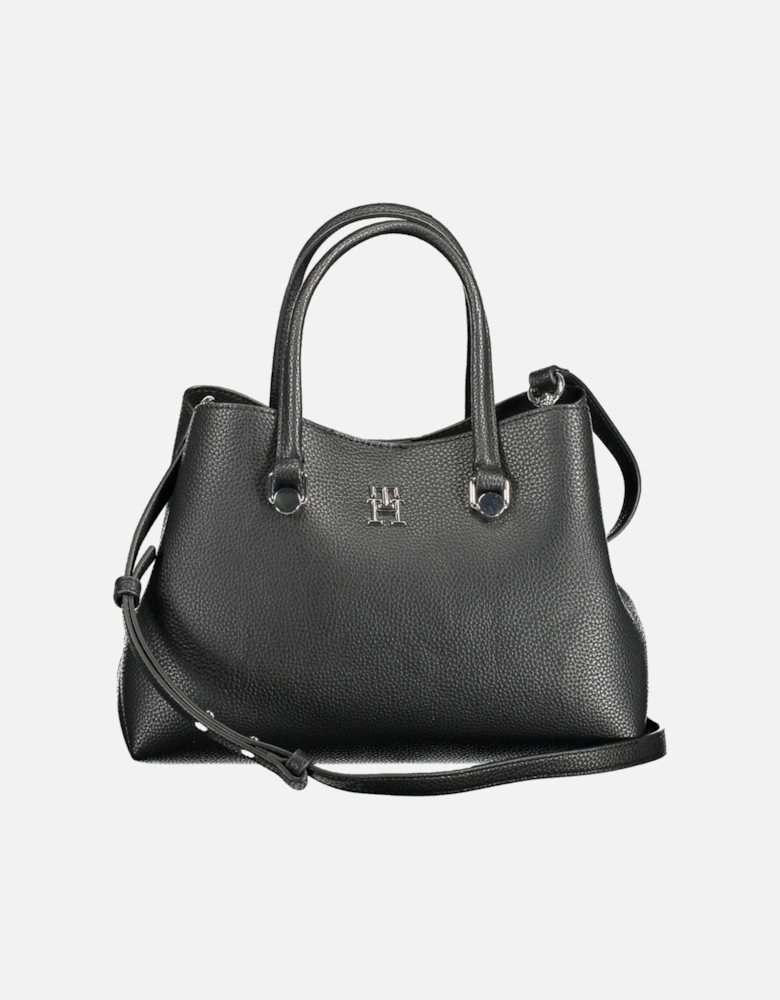 Sleek Black Handbag with Multiple Compartments and Adjustable Strap