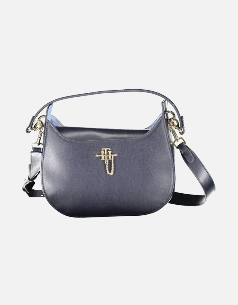 Blue Polyurethane Handbag with Magnetic Closure and Iconic Logo