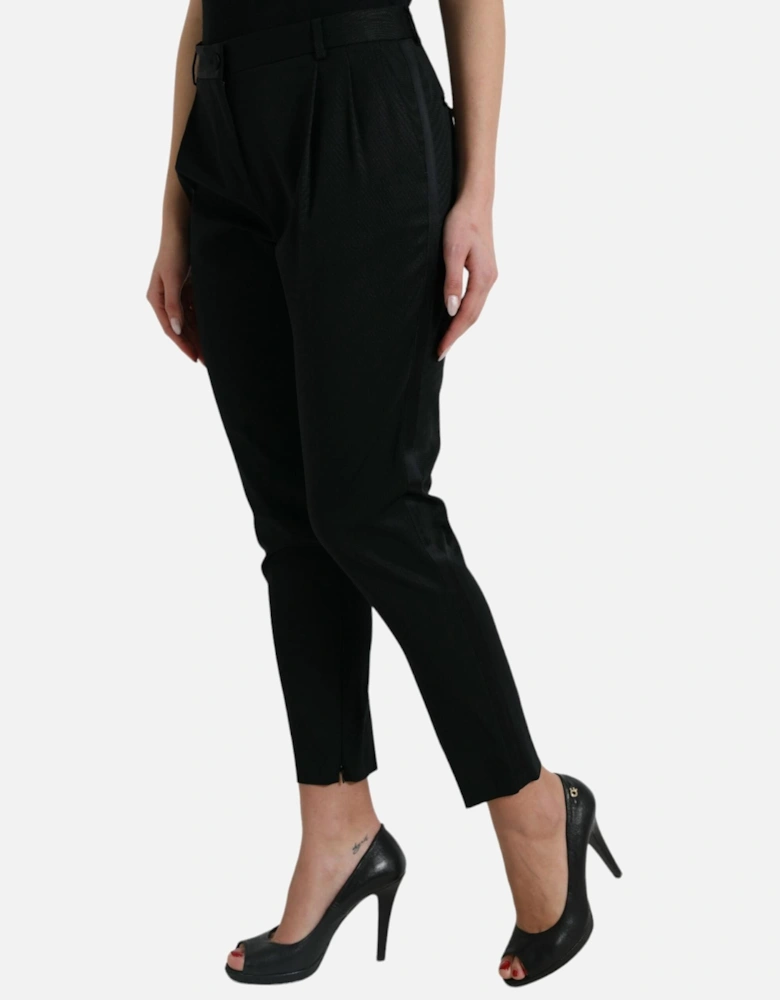 High Waist Tapered Cropped Pants with Logo Details Women - Black Jeans