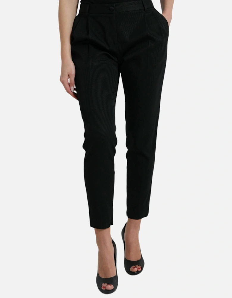 High Waist Tapered Cropped Pants with Logo Details Women - Black Jeans