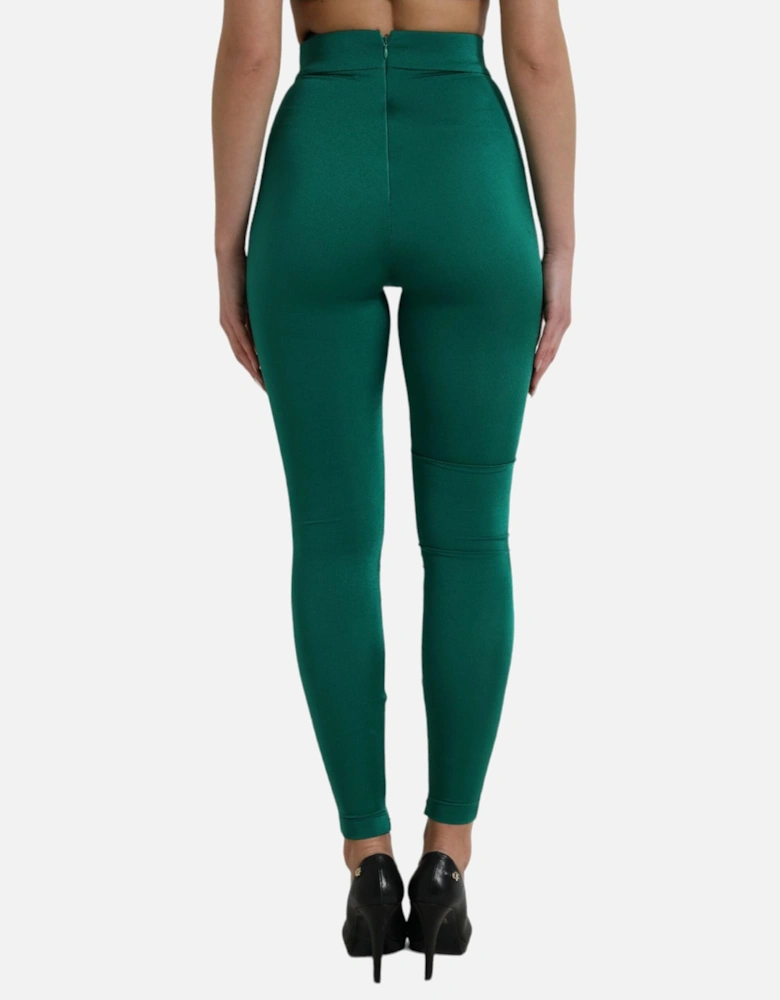 High Waist Green Leggings with Zipper Closure and Logo Details. Women