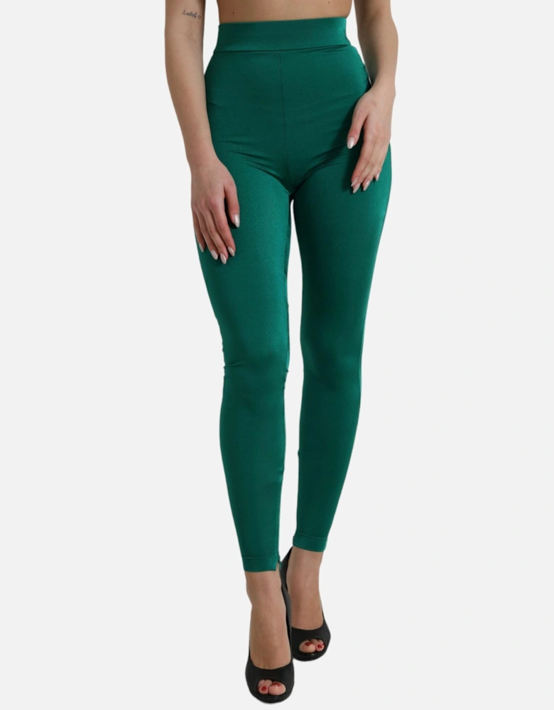 High Waist Green Leggings with Zipper Closure and Logo Details. Women