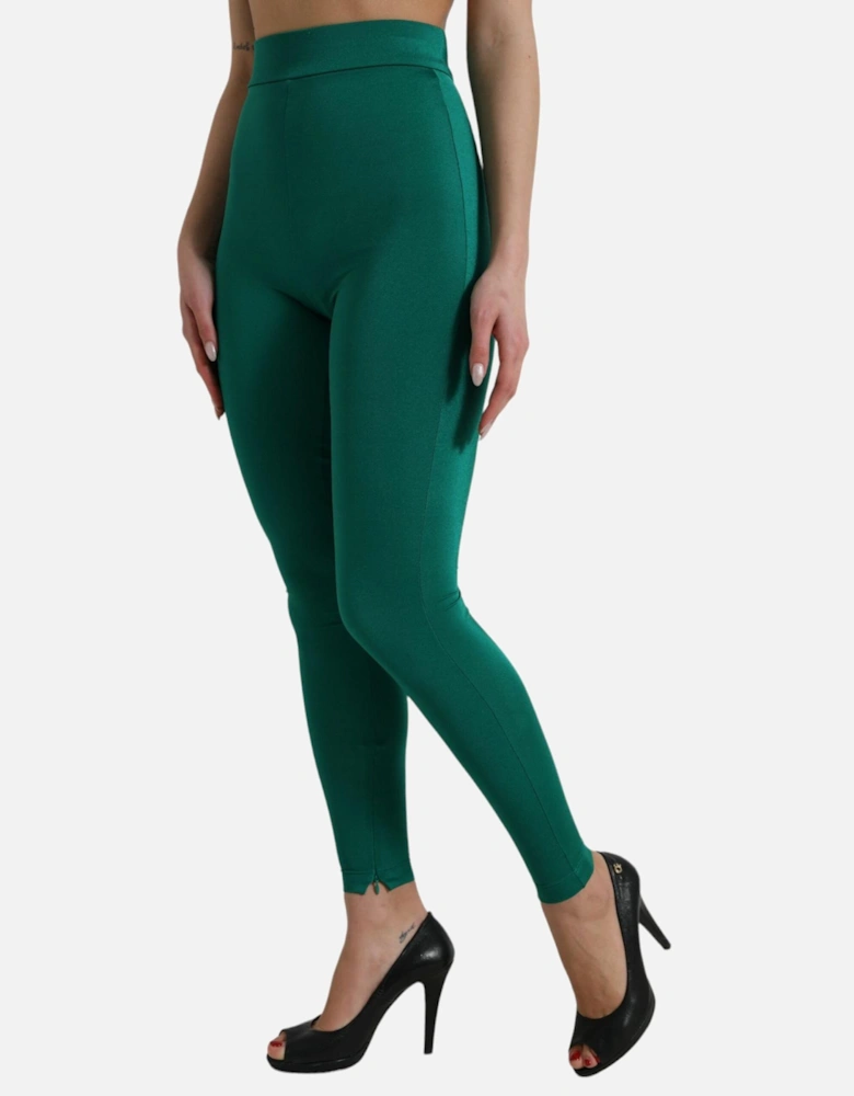 High Waist Green Leggings with Zipper Closure and Logo Details. Women