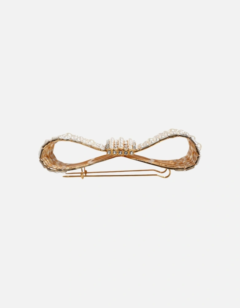 Bow Pin Brooch with Crystal and Pearl Embellishments Women - Gold