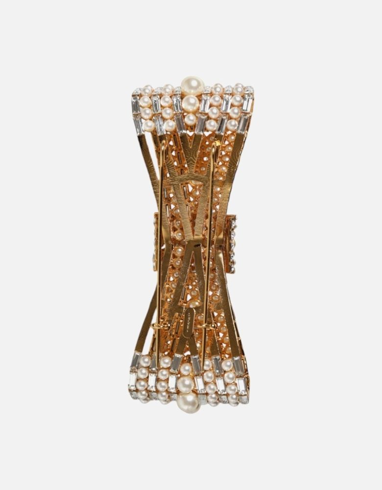 Bow Pin Brooch with Crystal and Pearl Embellishments Women - Gold