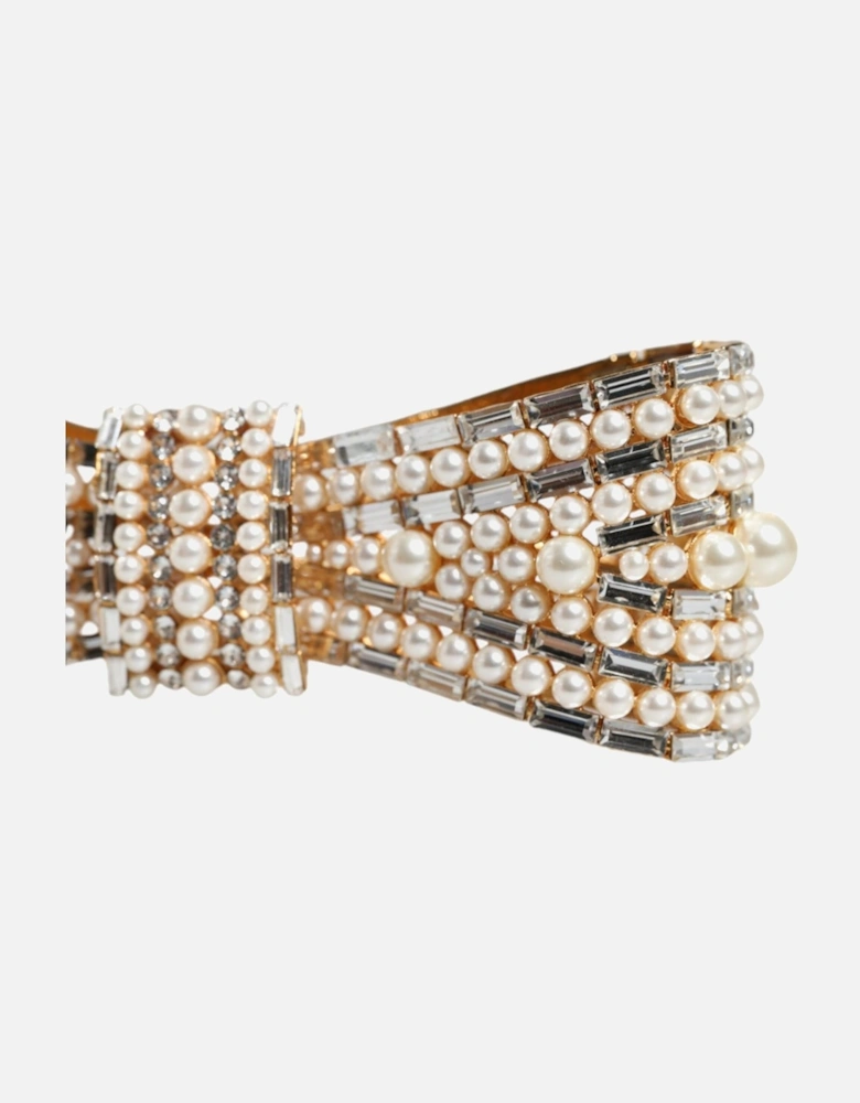 Bow Pin Brooch with Crystal and Pearl Embellishments Women - Gold