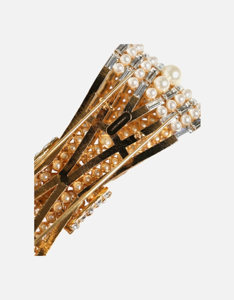 Bow Pin Brooch with Crystal and Pearl Embellishments Women - Gold