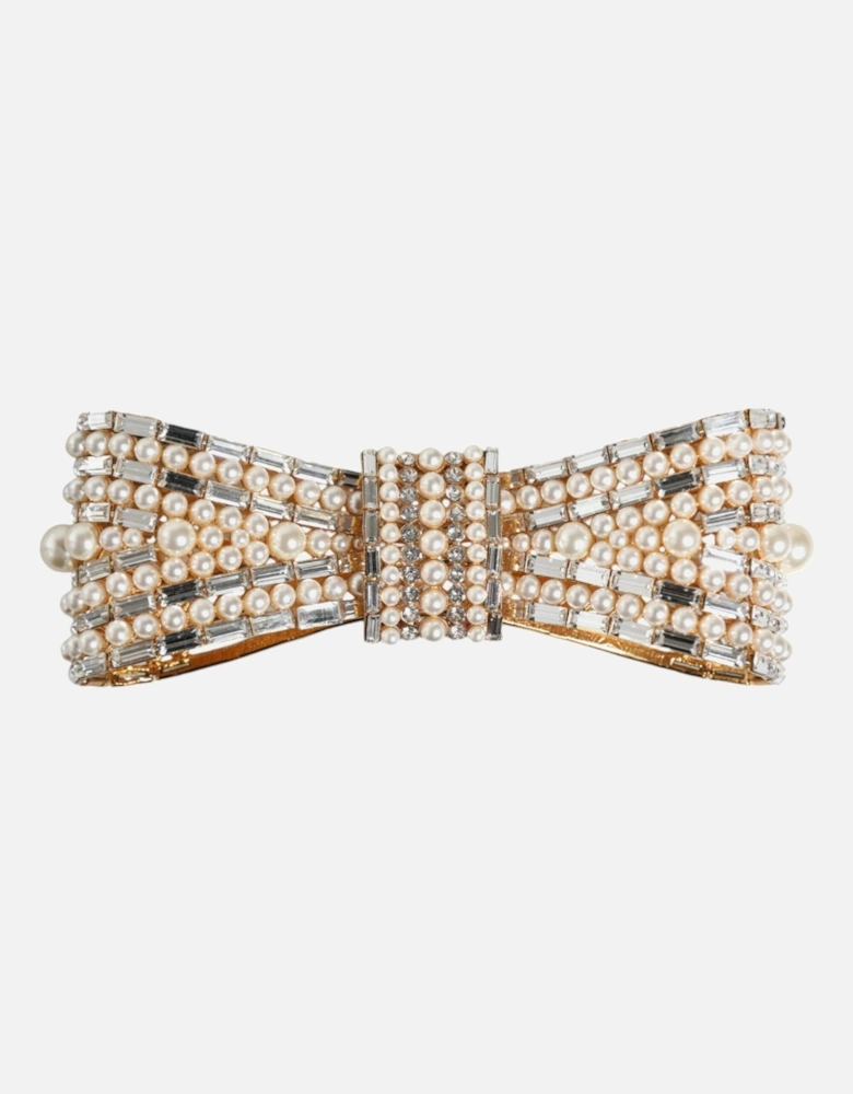 Bow Pin Brooch with Crystal and Pearl Embellishments Women - Gold