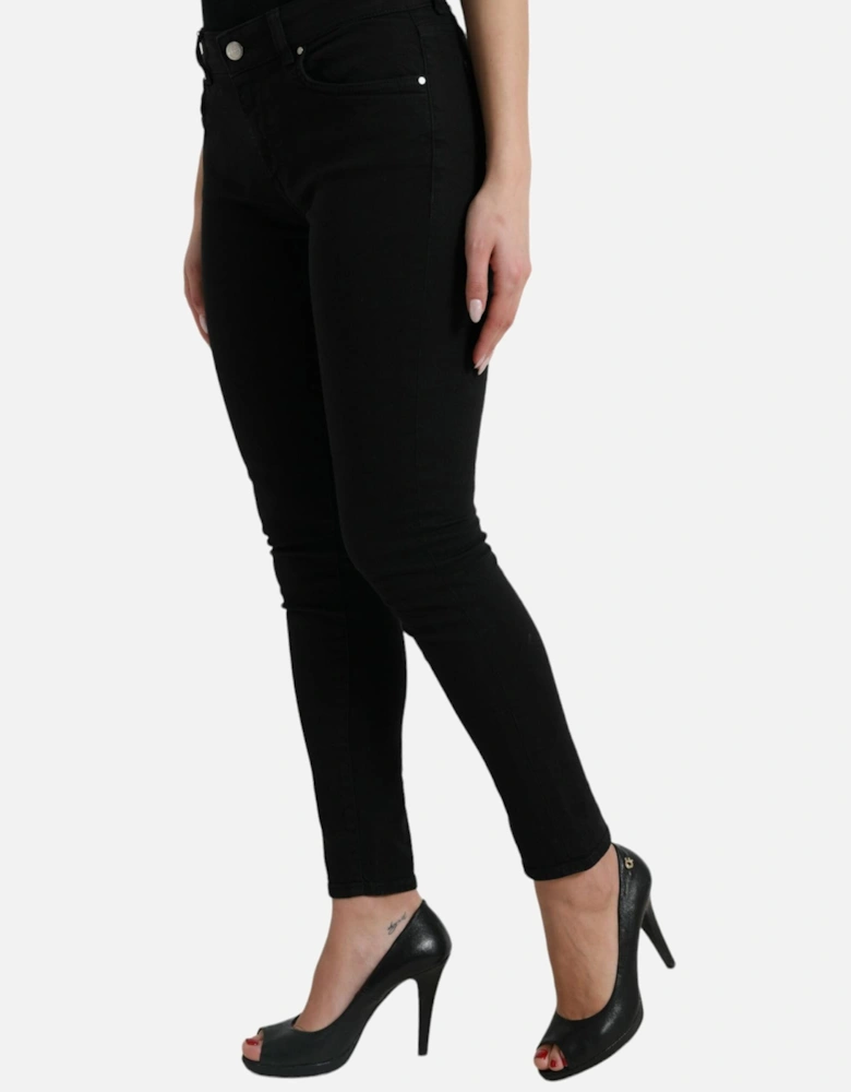 Mid Waist Stretch Denim Jeans with Zipper Closure and Logo Details