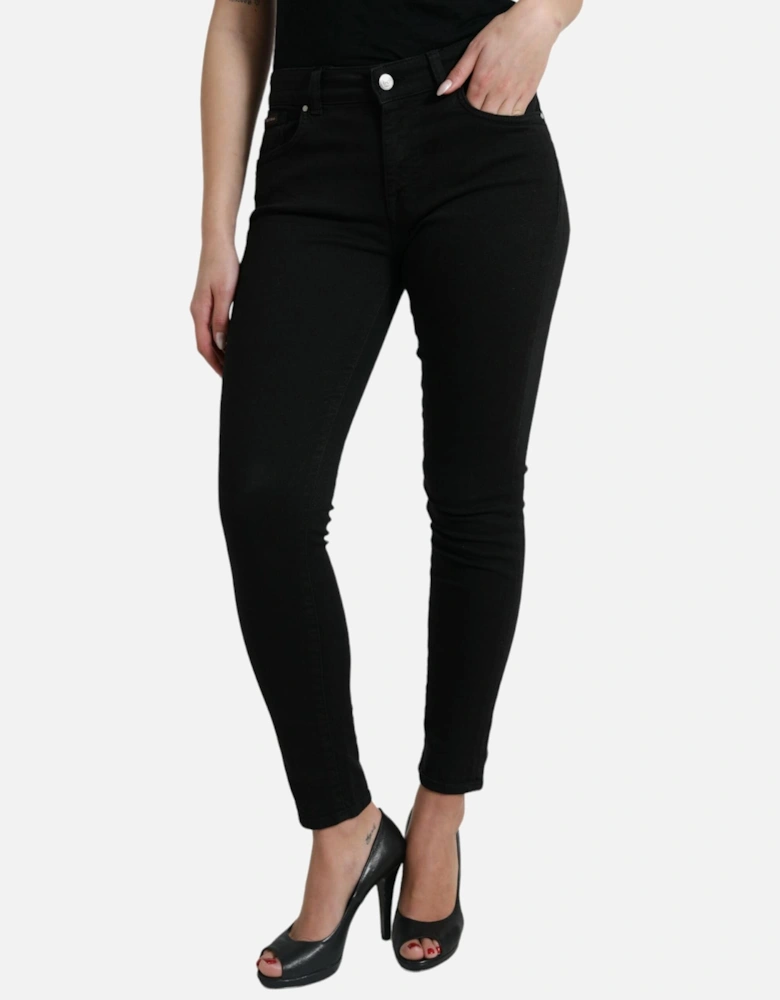 Mid Waist Stretch Denim Jeans with Zipper Closure and Logo Details