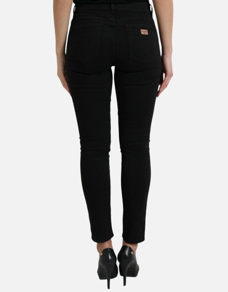 Mid Waist Stretch Denim Jeans with Zipper Closure and Logo Details