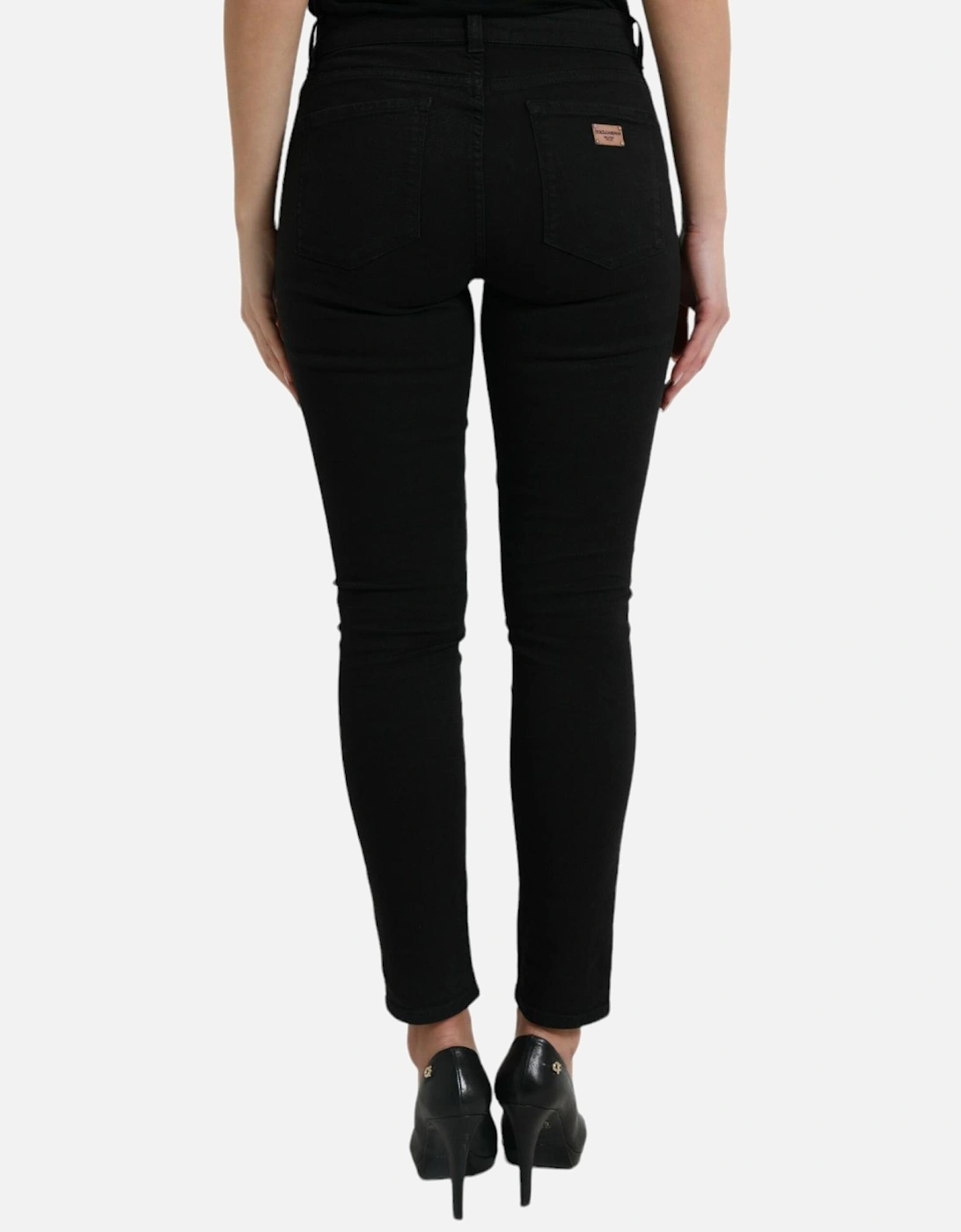 Mid Waist Stretch Denim Jeans with Zipper Closure and Logo Details