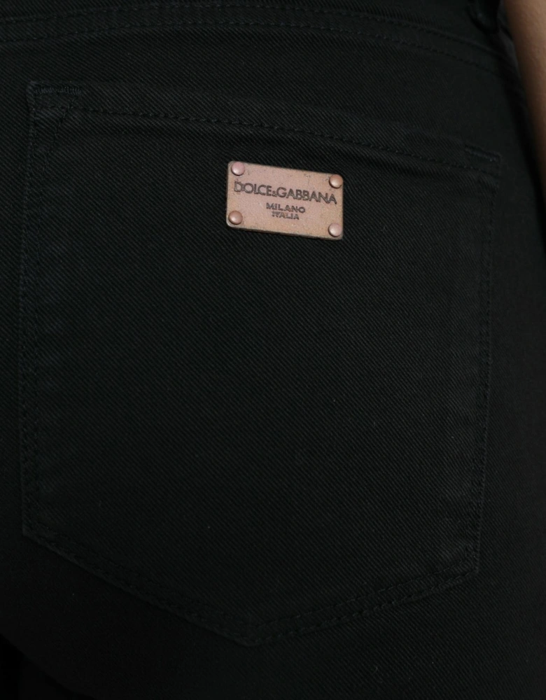 Mid Waist Stretch Denim Jeans with Zipper Closure and Logo Details