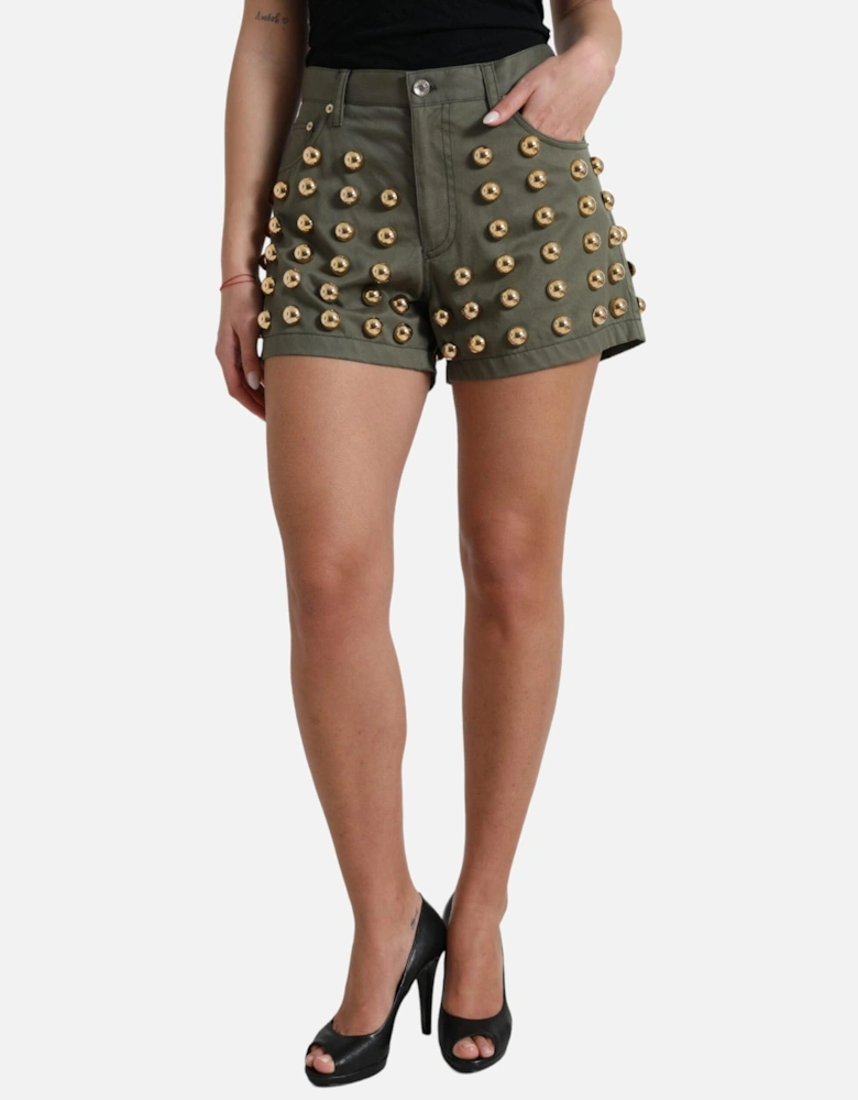 High Waist Embellished Cotton Shorts Women - Green