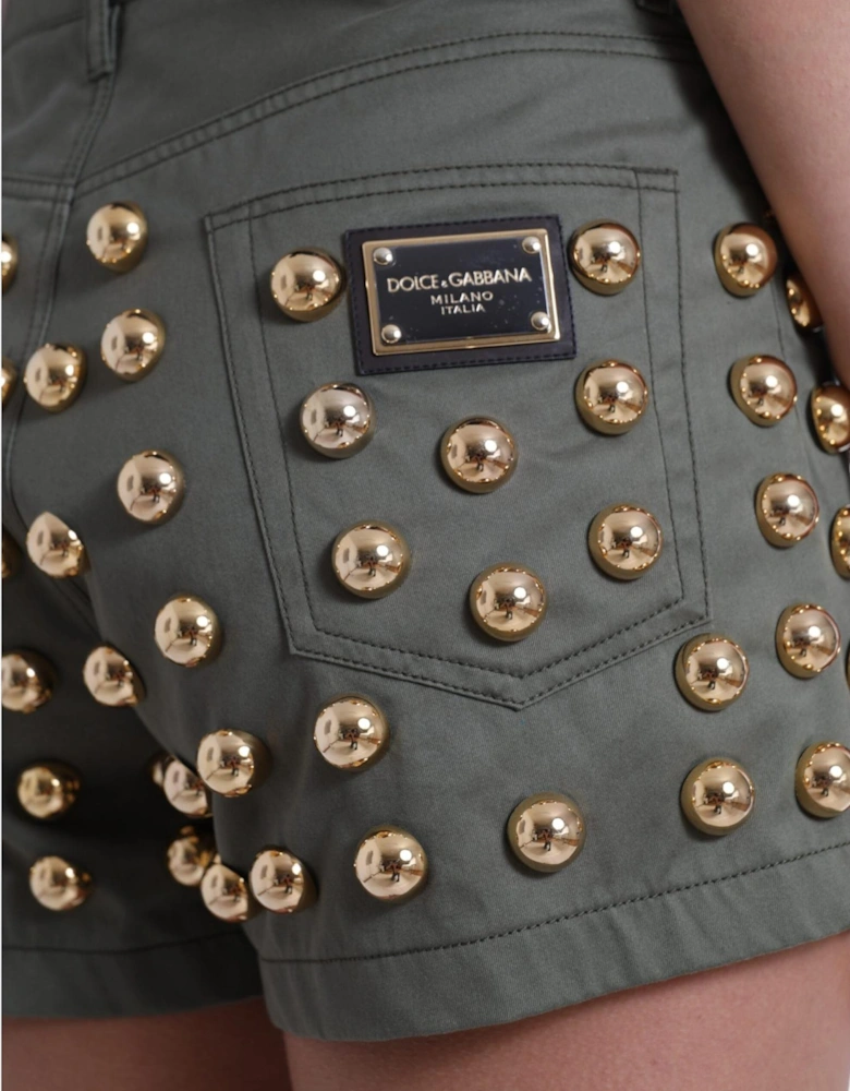 High Waist Embellished Cotton Shorts Women - Green