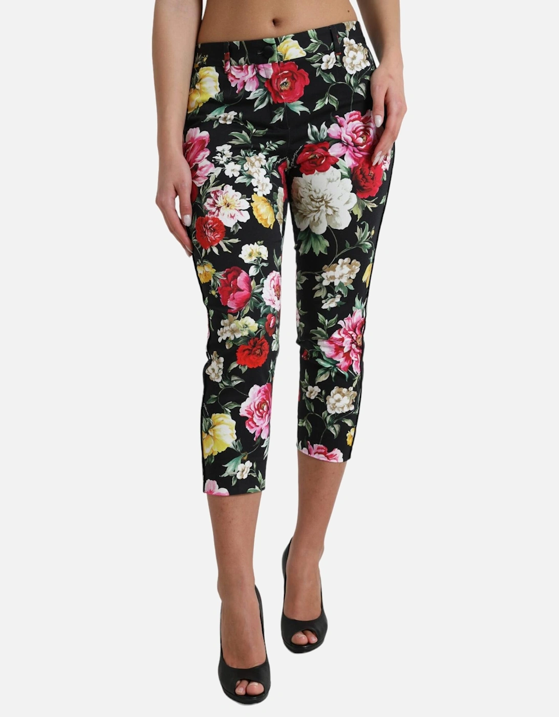 Floral Print Trousers Cropped Style Women - Black Jeans, 7 of 6