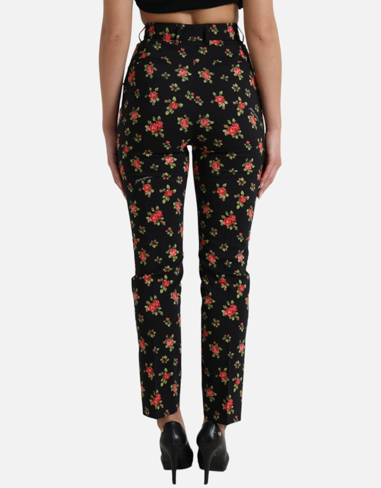 Rose Print Trousers High Waist Straight Leg Women - Black Jeans