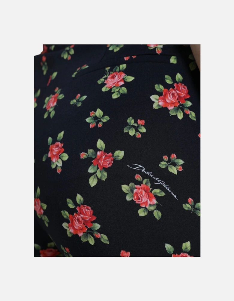 Rose Print Trousers High Waist Straight Leg Women - Black Jeans