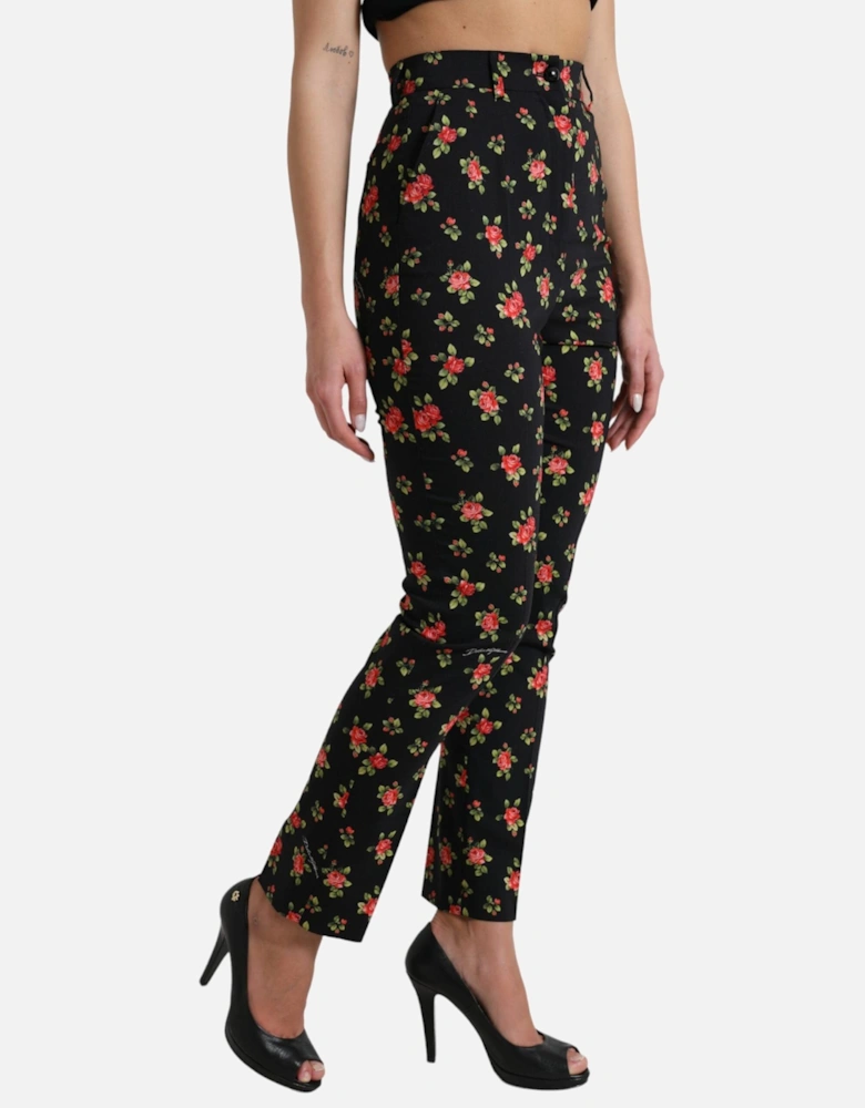 Rose Print Trousers High Waist Straight Leg Women - Black Jeans