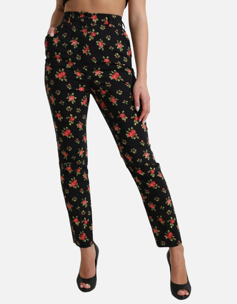 Rose Print Trousers High Waist Straight Leg Women - Black Jeans