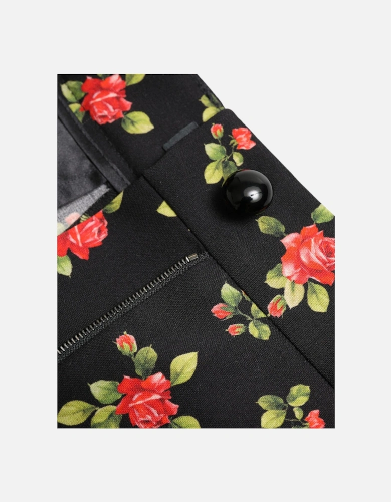 Rose Print Trousers High Waist Straight Leg Women - Black Jeans
