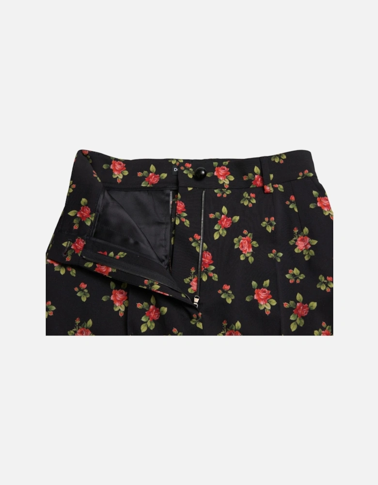 Rose Print Trousers High Waist Straight Leg Women - Black Jeans