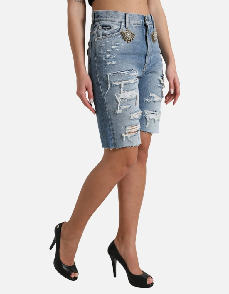 Denim Shorts Crystal Embellished Women - Blue