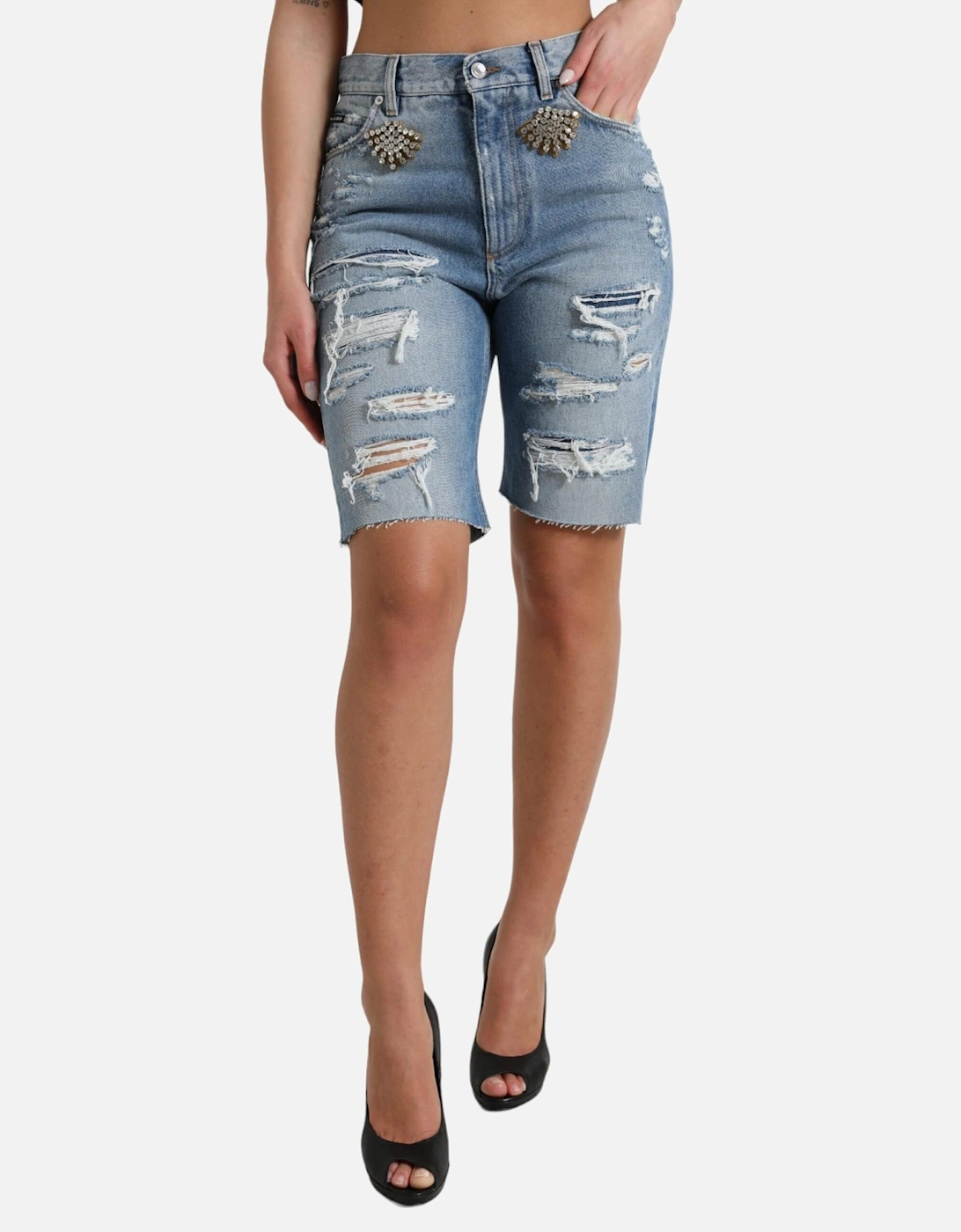 Denim Shorts Crystal Embellished Women - Blue, 7 of 6