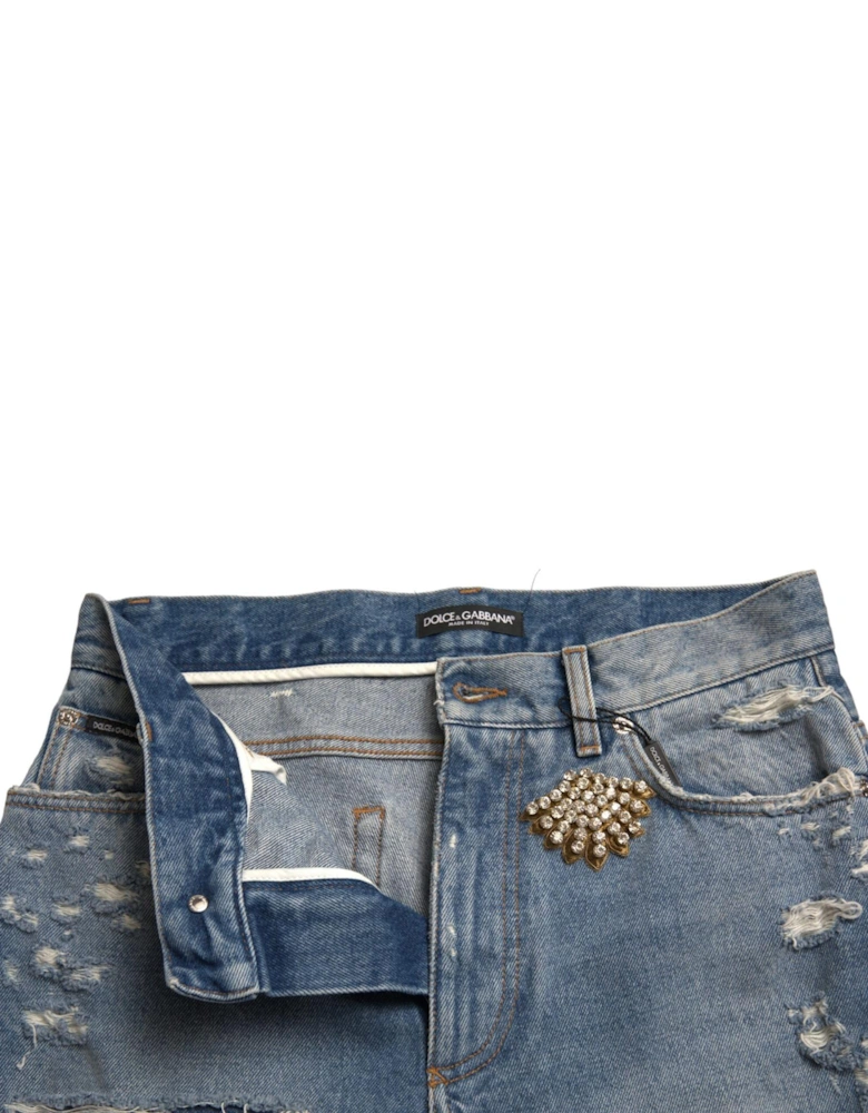 Denim Shorts Crystal Embellished Women - Blue