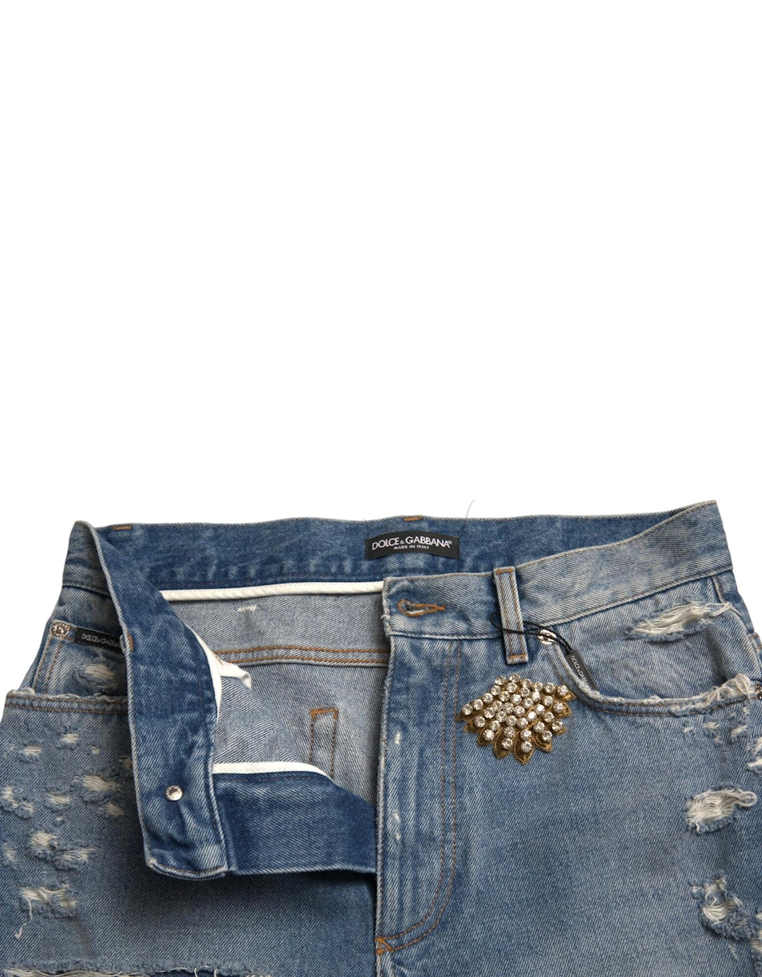 Denim Shorts Crystal Embellished Women - Blue