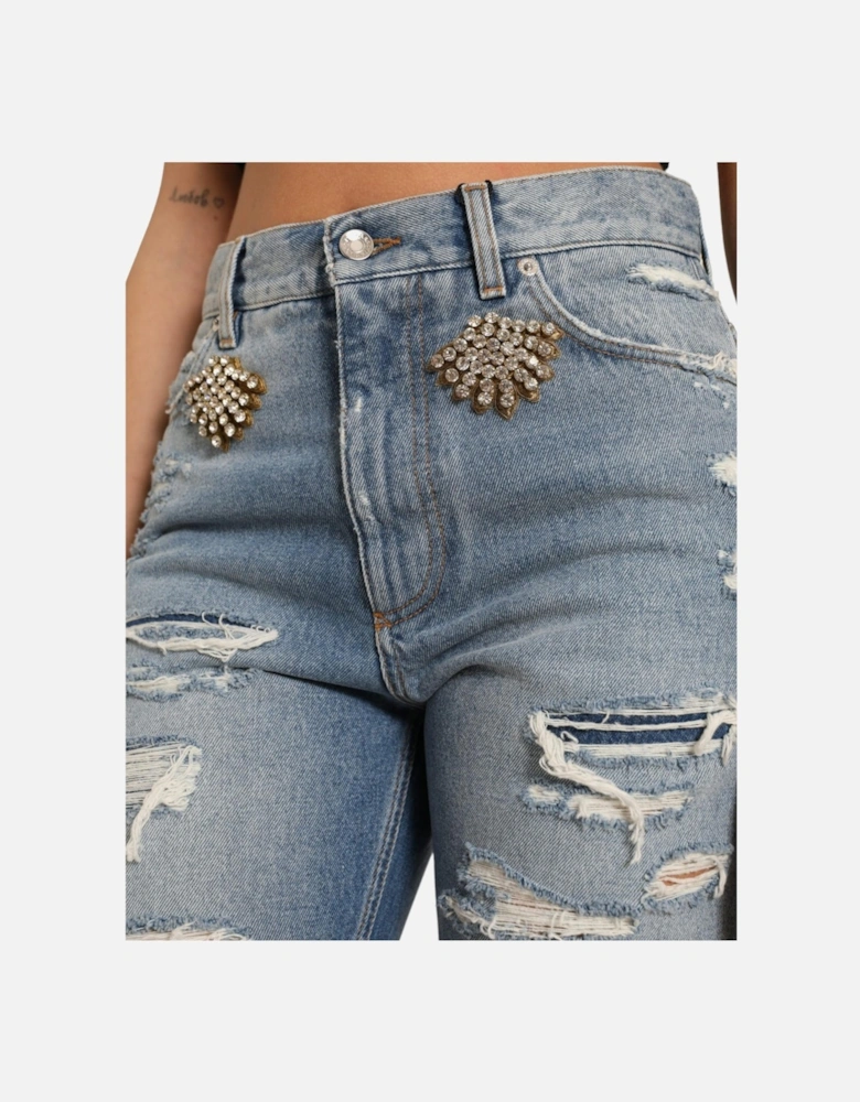 Denim Shorts Crystal Embellished Women - Blue