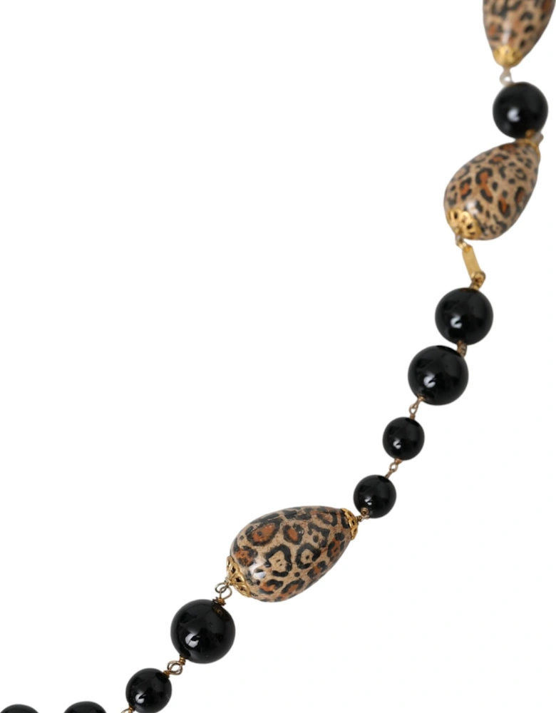 Gold-tone Beaded Necklace with Printed Beads Women - Gold Black