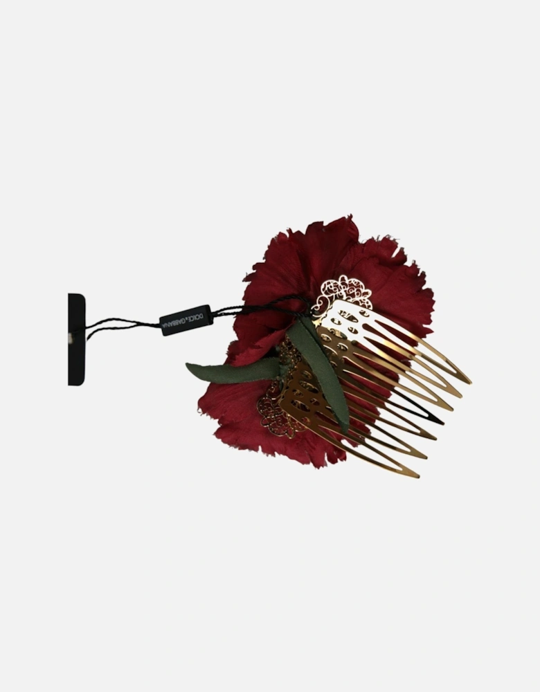Floral Hair Comb in Red and Gold with Silk and Brass Material Women