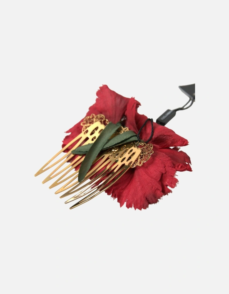 Floral Hair Comb in Red and Gold with Silk and Brass Material Women