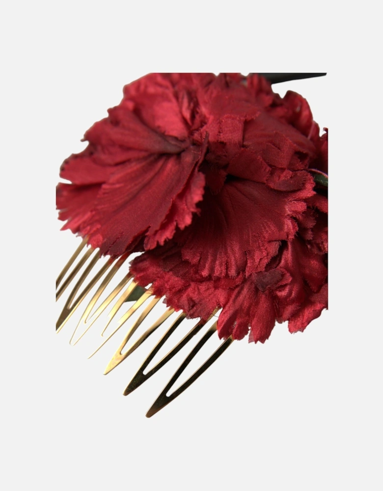 Floral Hair Comb in Red and Gold with Silk and Brass Material Women
