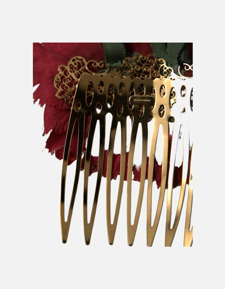 Floral Hair Comb in Red and Gold with Silk and Brass Material Women