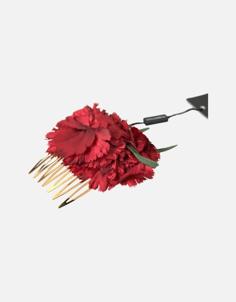 Floral Hair Comb in Red and Gold with Silk and Brass Material Women