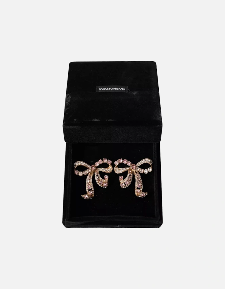 Gold Bow Fiocchi Christmas Earrings with Pink and Clear Crystals Women