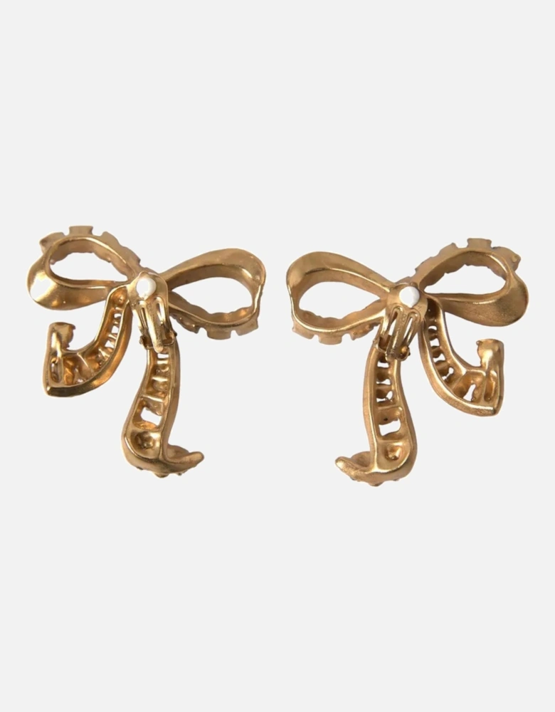 Gold Bow Fiocchi Christmas Earrings with Pink and Clear Crystals Women