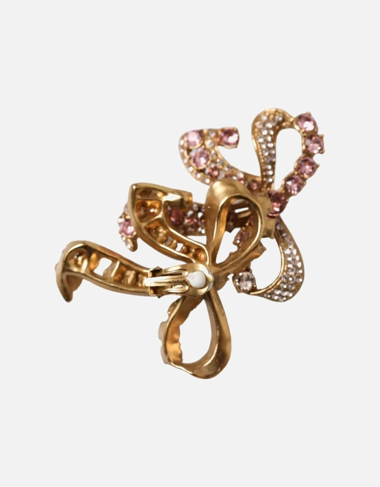 Gold Bow Fiocchi Christmas Earrings with Pink and Clear Crystals Women