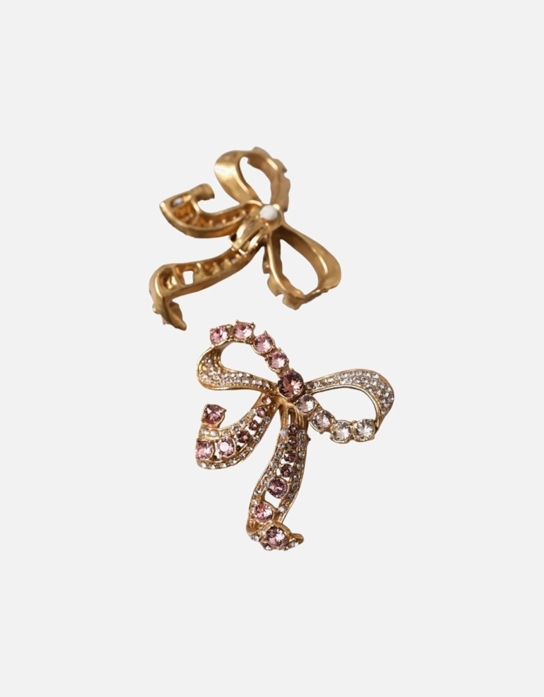 Gold Bow Fiocchi Christmas Earrings with Pink and Clear Crystals Women