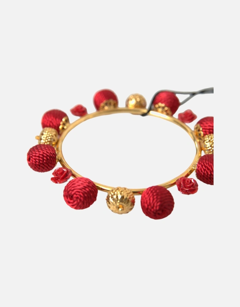 Gold and Red Brass Charm Bracelet with Rose Motif Women
