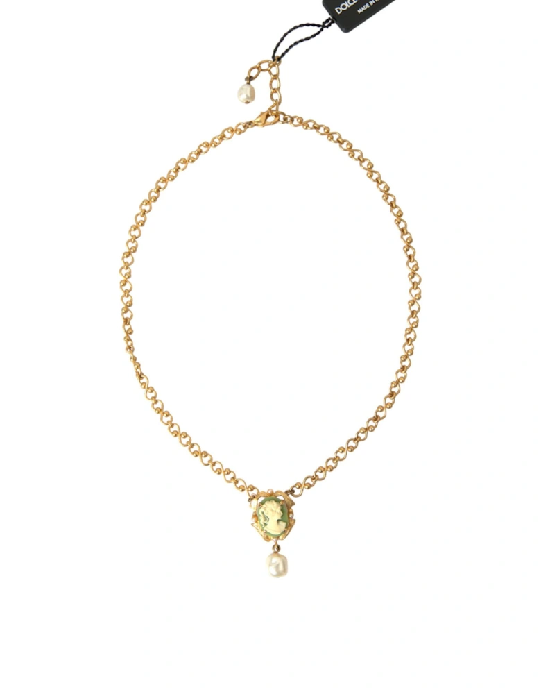 Crystal Pendant Necklace with Green Medal Pendant Women - Gold