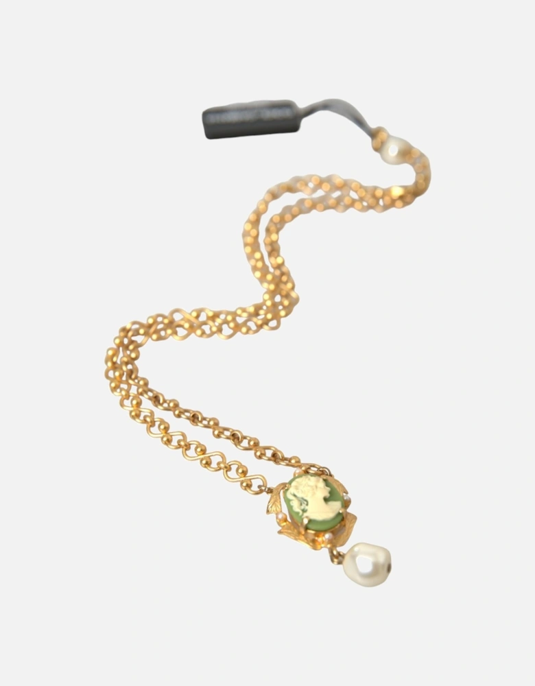 Crystal Pendant Necklace with Green Medal Pendant Women - Gold