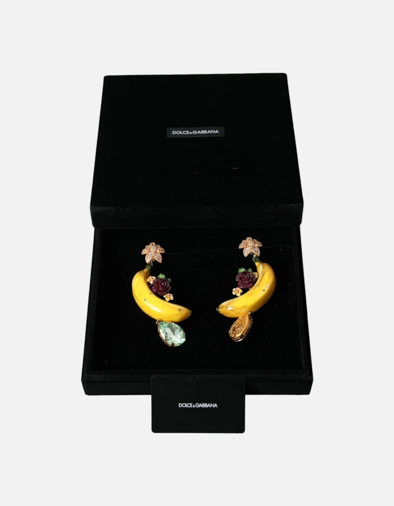 Dangling Banana Earrings with Multicolor Crystals Women - Yellow