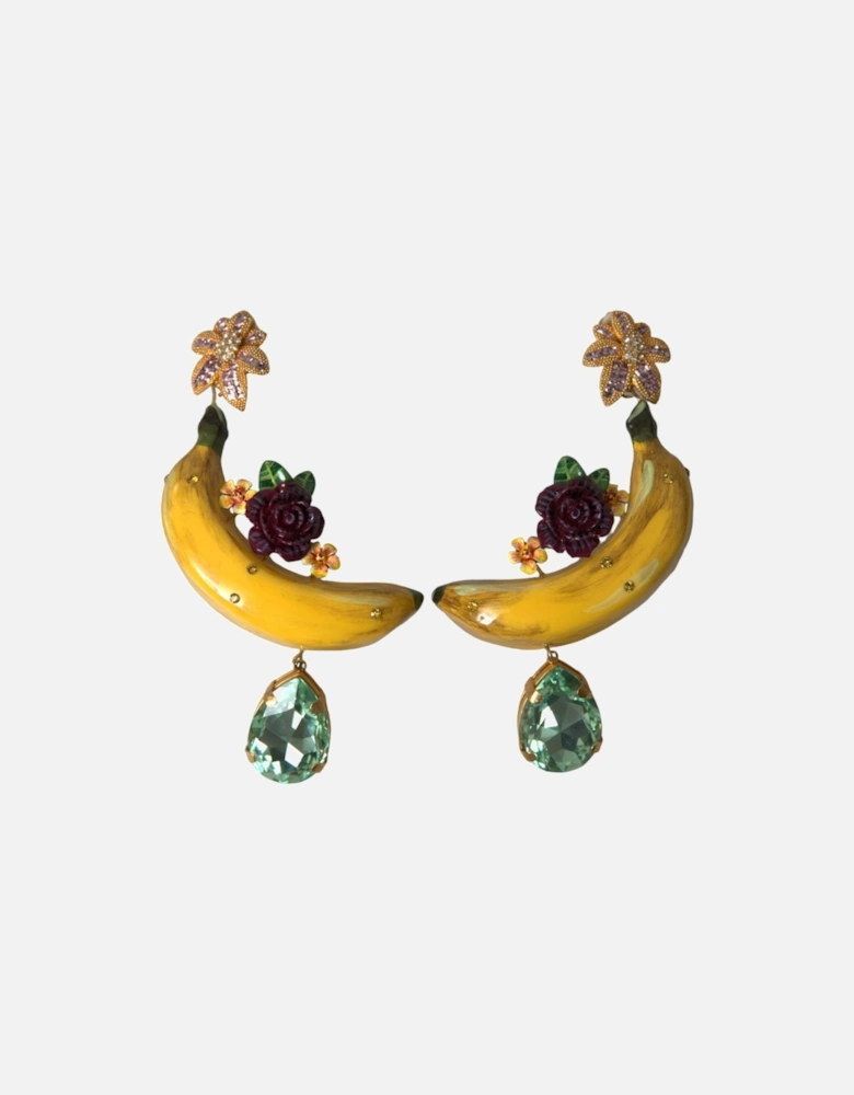 Dangling Banana Earrings with Multicolor Crystals Women - Yellow