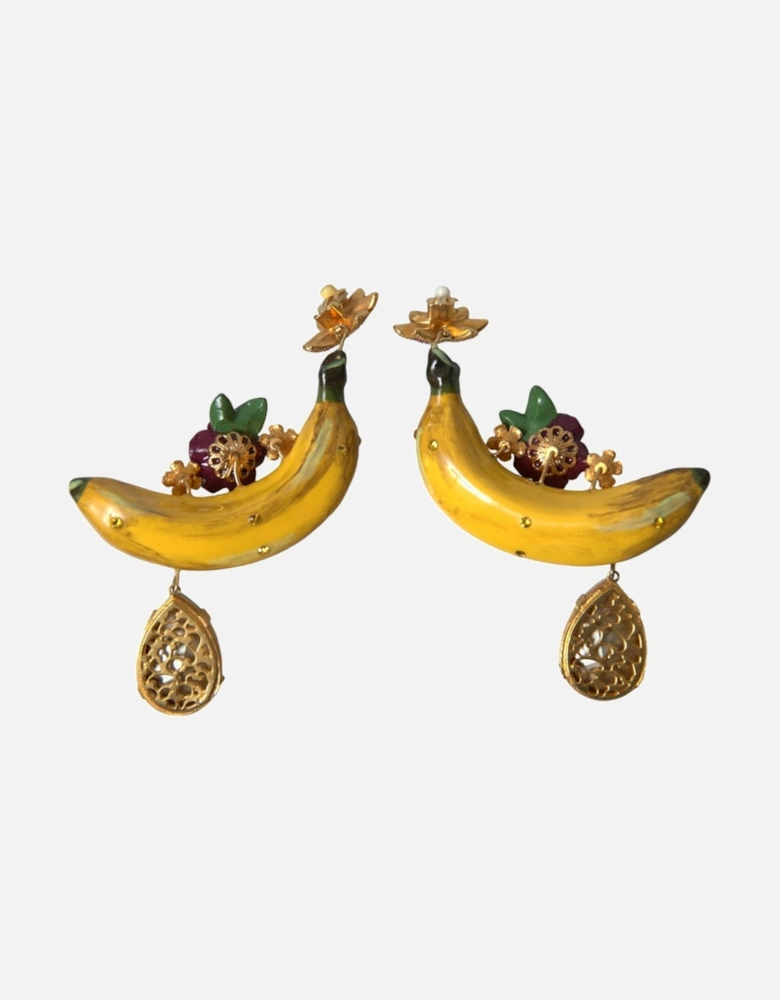 Dangling Banana Earrings with Multicolor Crystals Women - Yellow