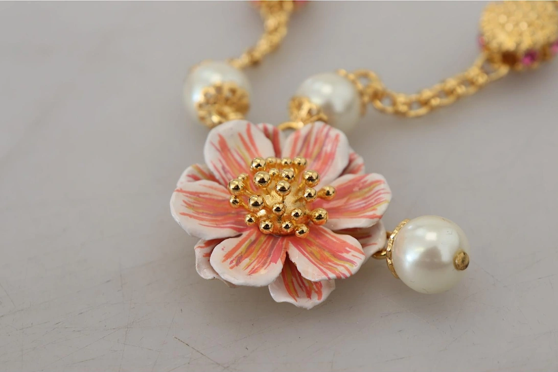 Dolce Gabbana Flower Necklace Gold Pearl Women - Gold And Pink
