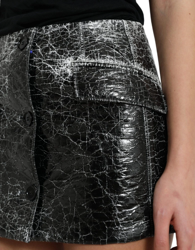 Crackled Leather Mini Skirt ALine Style Women - Black